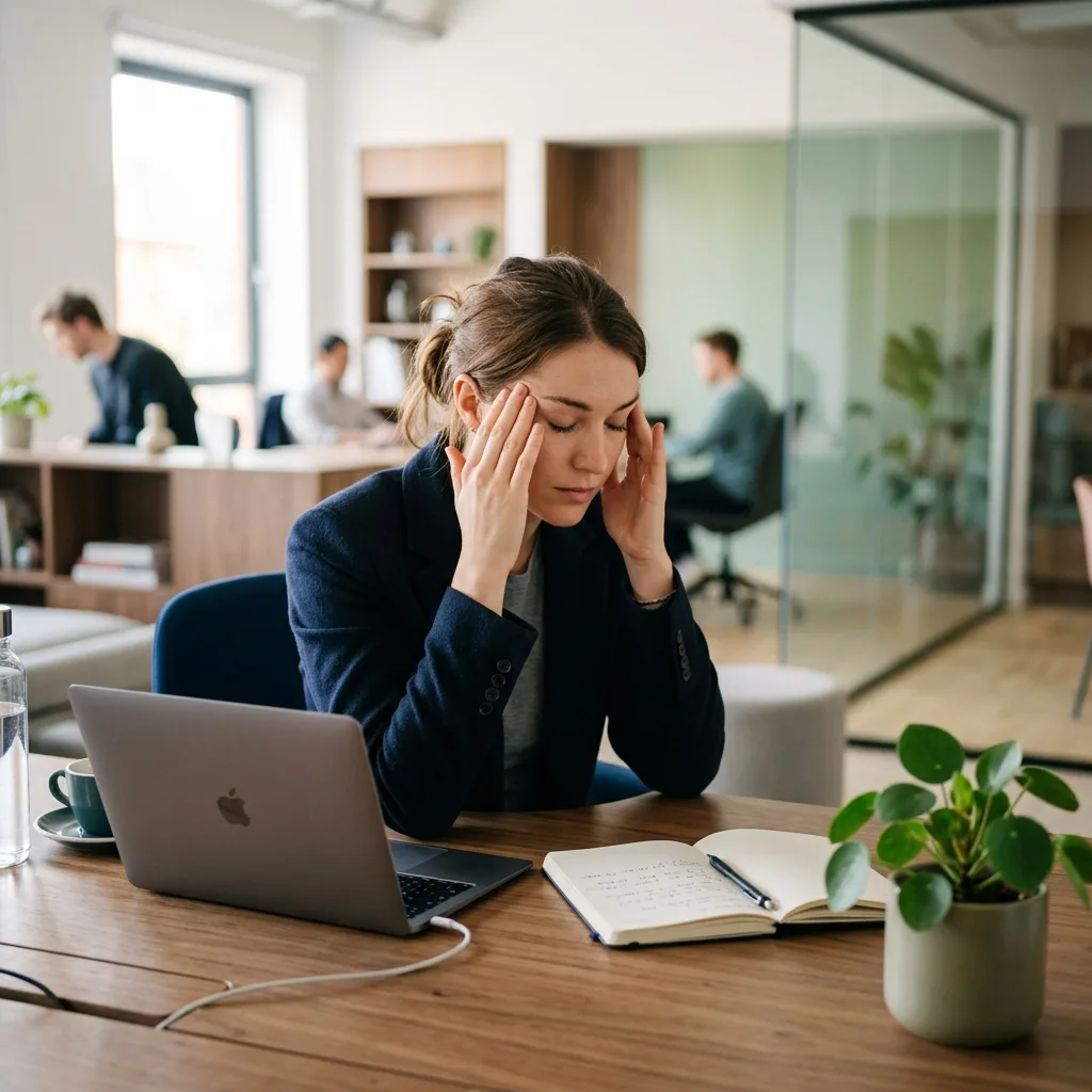 Exhausted worker holding head in hands